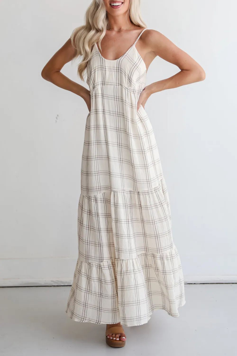 Playful Vibes Grey Plaid Linen Maxi Dress