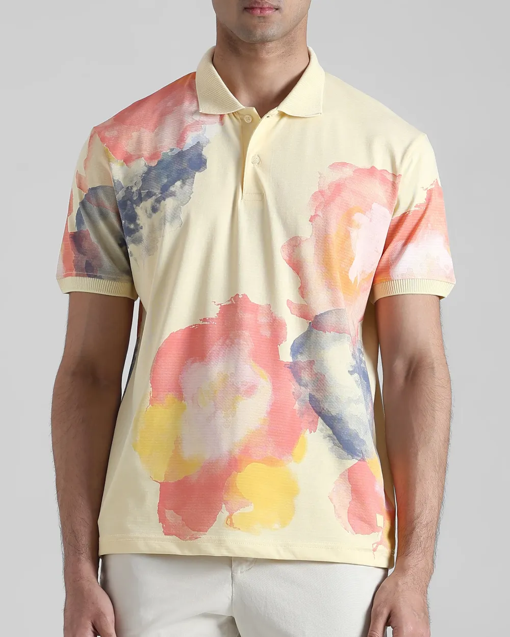 Daily Simple Light Yellow Floral Print Polo Shirt