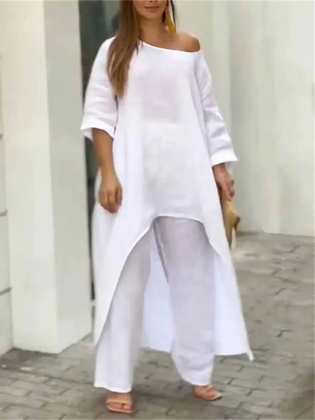 Women's Loungewear Sets Pure Color Fashion Simple Casual Street Date Airport Polyester Breathable Crew Neck Long Sleeve Pant Summer Spring White Yellow