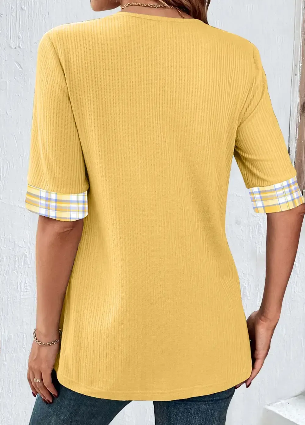 Yellow Fake 2in1 Plaid Half Sleeve T Shirt