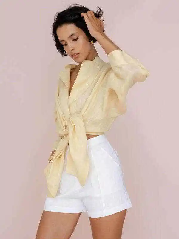 Casual Long Sleeves Split-Front Solid Color Notched Collar Blouses