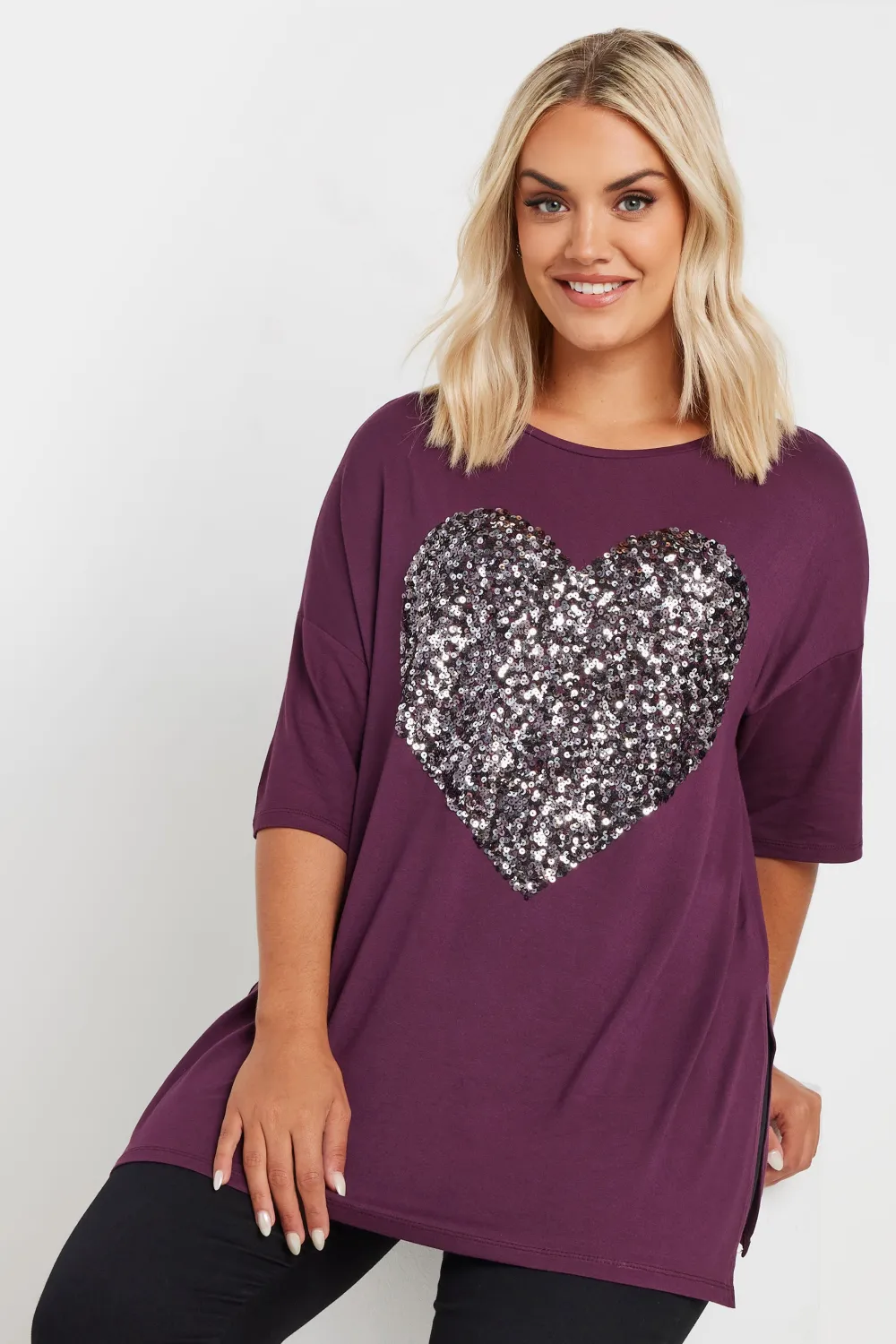 YOURS Curve Purple Heart Sequin Embellished T-Shirt