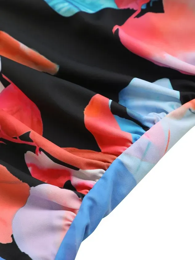 Vacation Floral Printing V Neck Tankinis Two-Piece Set