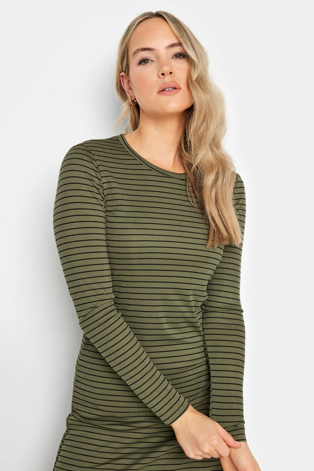 LTS Tall Khaki Green & Black Stripe Ribbed Midi Dress