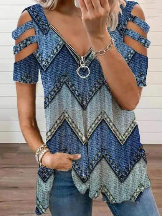 Women Short Sleeve V-neck Floral Printed Geometric Top