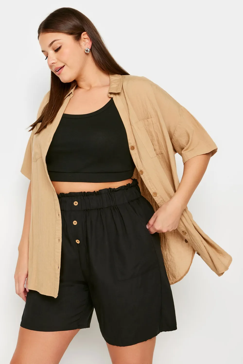 YOURS Curve Black Button Front Paperbag Shorts