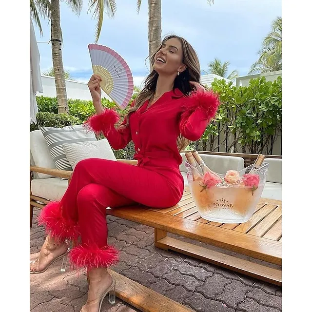 Women's Gift Loungewear Pajamas Sets Home Party Valentine's Day Feather Pure Color Silk Simple Soft Shirt Pant Fall Spring Summer Lapel Long Sleeve Long Pant Buckle Pocket