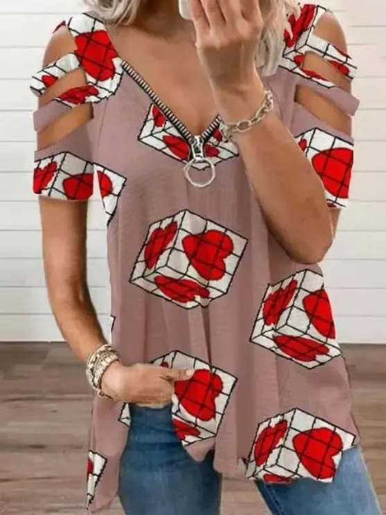 Women Short Sleeve V-neck Floral Printed Geometric Top