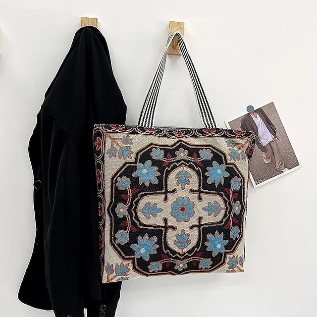 Women's Tote Shoulder Bag Canvas Tote Bag Canvas Shopping Holiday Zipper Large Capacity Foldable Lightweight Geometric Folk Style one Style Three Style two