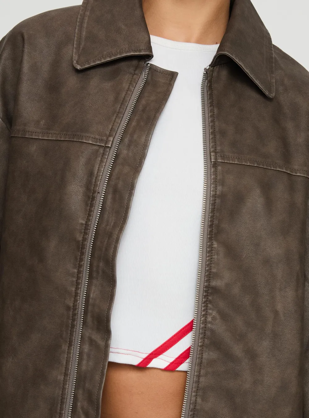 Brown Distressed Faux Leather Jacket