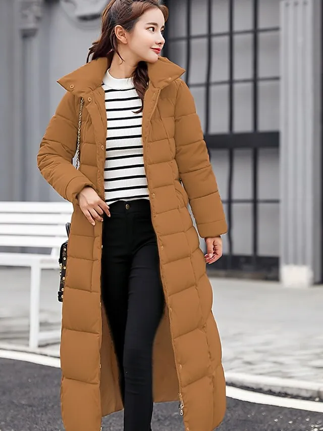 Women's Winter Jacket Puffer Jacket Hoodie Jacket Outdoor Street Daily Winter Fall Long Coat Regular Fit Windproof Warm Sports Streetwear Casual Jacket Long Sleeve Solid Color Rust Red caramel