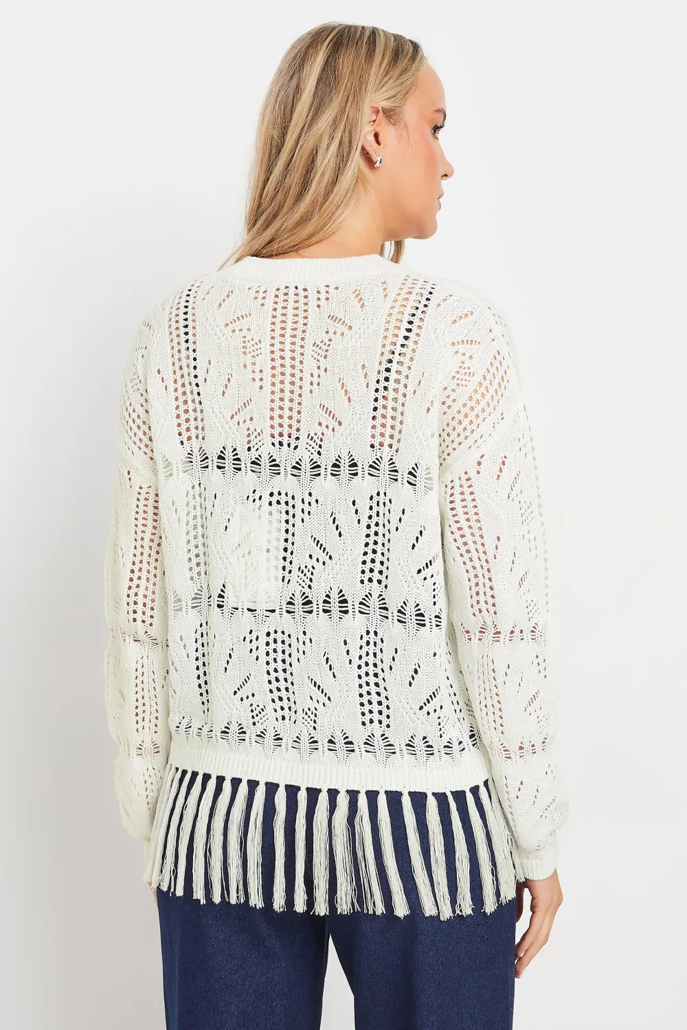 LTS Tall White Crochet Tassel Jumper