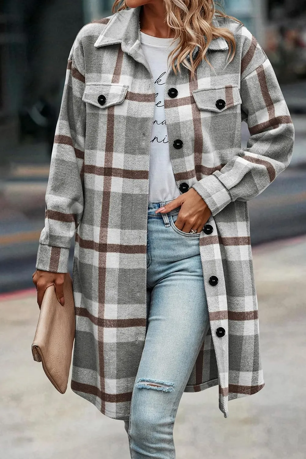 Women's Plaid Shacket 2023 Long Sleeve Button Up Flannel Shirt Winter Tartan Jacket Woolen Coats