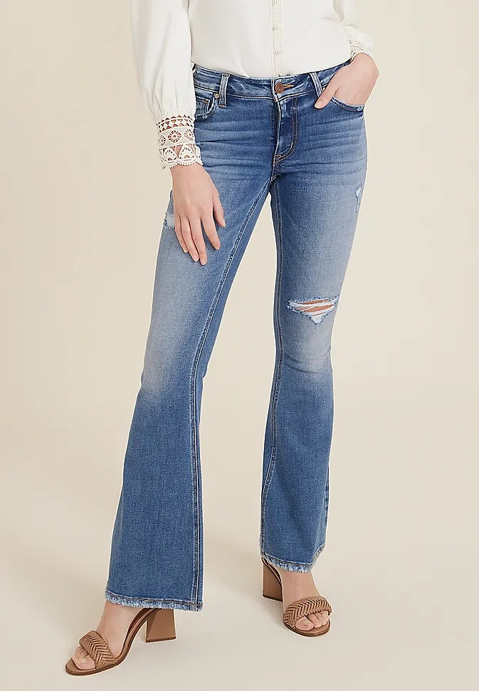 Mid Rise Ripped Flare Jean