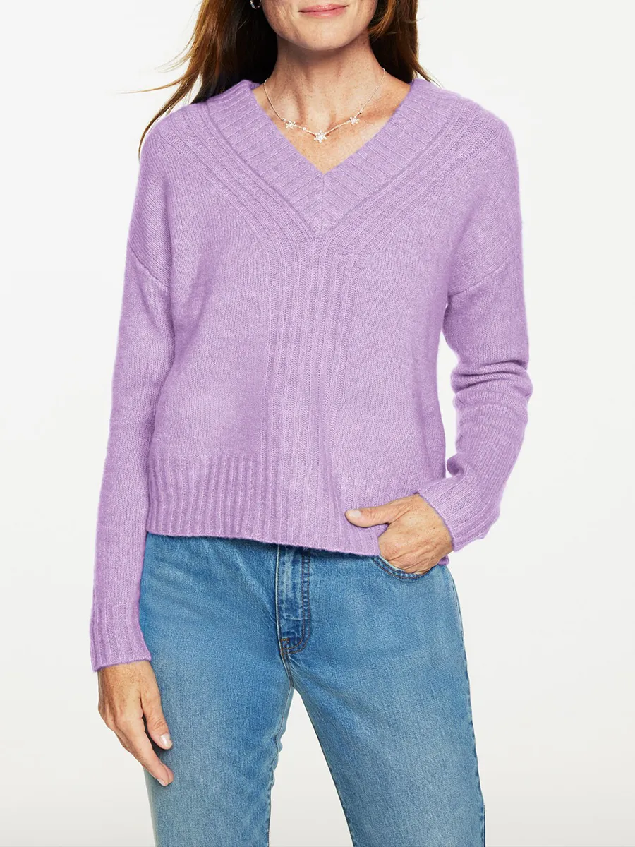Lady'S Elegant Rib Knit Trimmed V Neck Soft Sweater