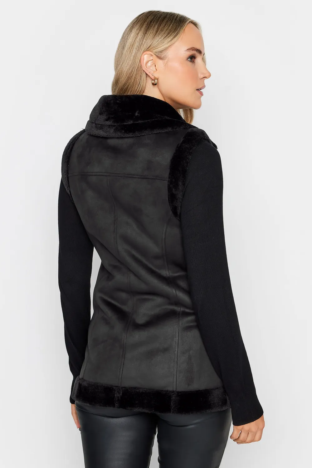 LTS Tall Black Faux Fur Trim Aviator Gilet