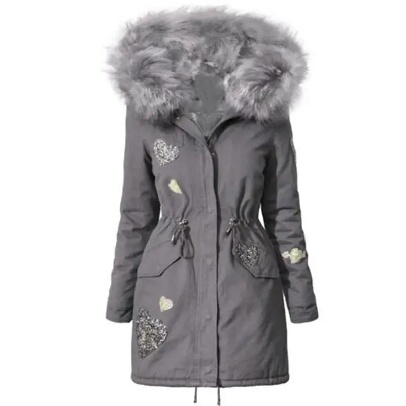Hooded Heart Print Grey Parka Coat