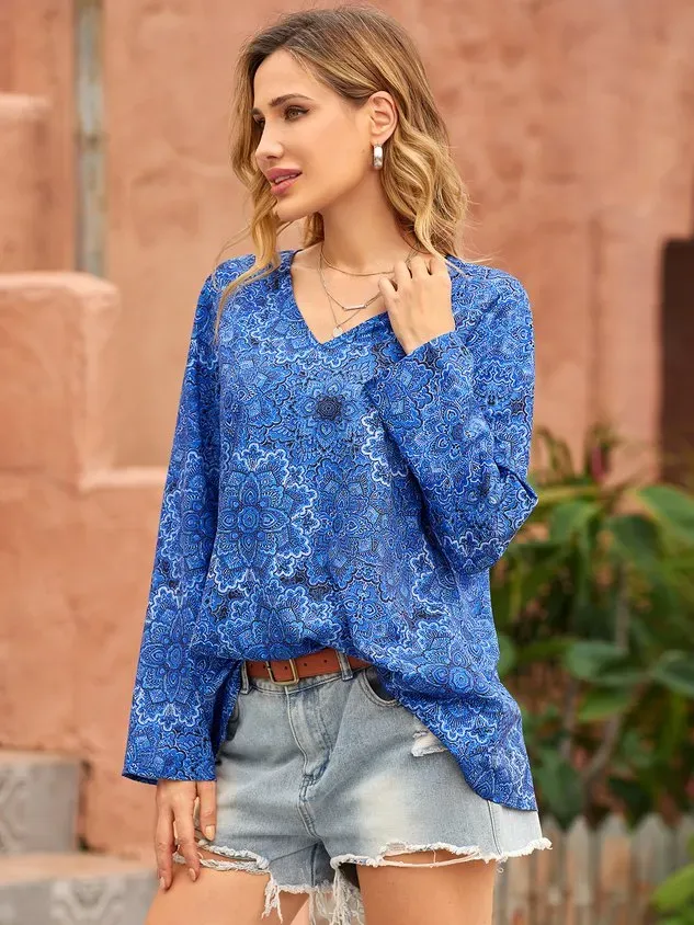 V Neck Floral Vacation Casual T-Shirt/Tee