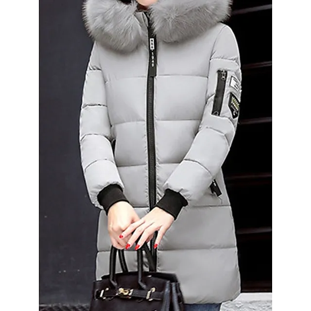 Women's Parka Long Puffer Jacket Windproof Thermal Warm Heated Coat with Pockets Winter Coat with Fur Collar Hood Long Sleeve Full Zip Black White Pink