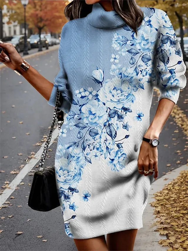 Women's Sweater Dress Jumper Dress Winter Dress Mini Dress Knitwear Warm Fashion Ombre Floral Outdoor Casual Daily Vacation Turtleneck Long Sleeve 2023 Loose Fit Yellow Blue Purple S M L XL XXL 3XL
