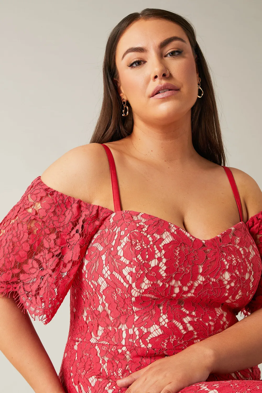 Evans Pink Floral Lace Cold Shoulder Midi Dress