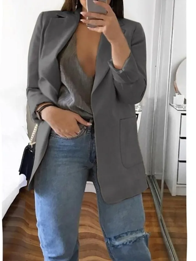 Women's Plus Size Curve Blazer Spring Work to Wear Office Jacket with Pocket Long Sleeve Peaked Lapel Fall Winter