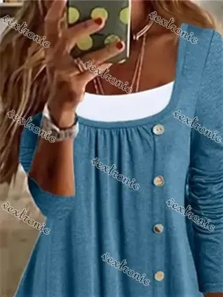 Women's Long Sleeve U-Neck Buttons Top