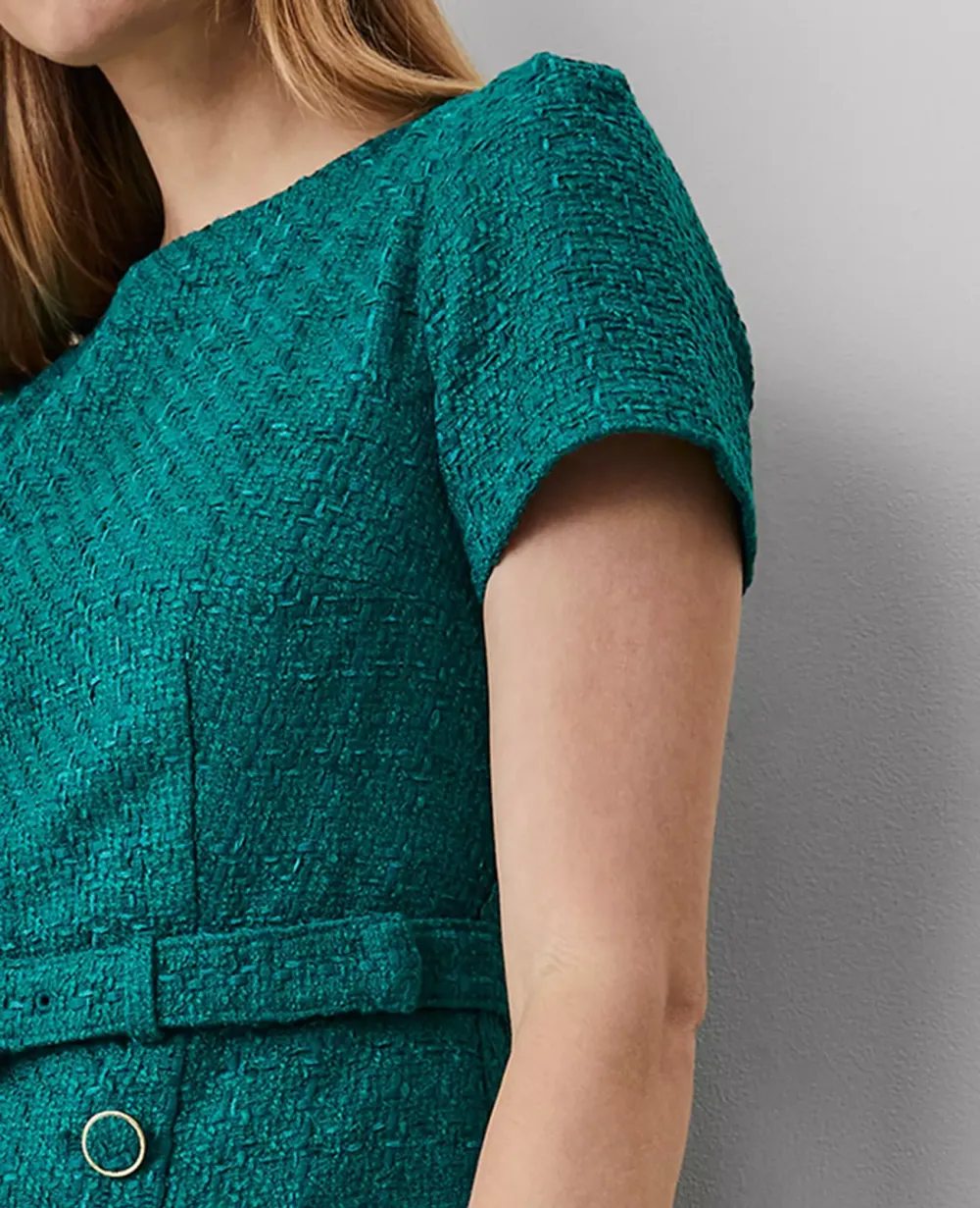 Tweed Belted Button Midi Sheath Dress