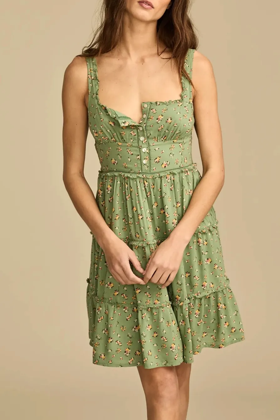 Green Floral Tiered Ruffle Corset Midi Dress