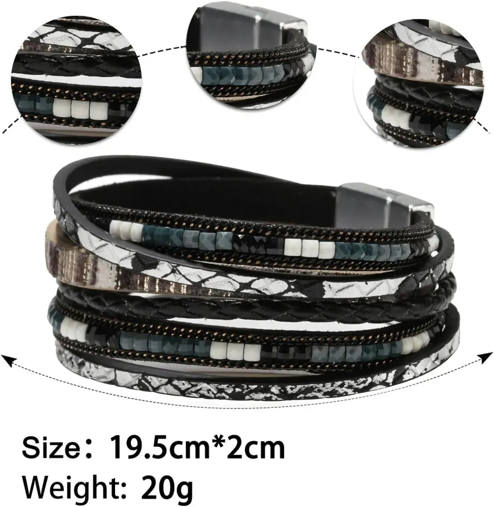 Fesciory Leather Wrap Bracelets for Women, Boho Leopard Multi-Layer Crystal Beads Cuff Bracelet Jewelry