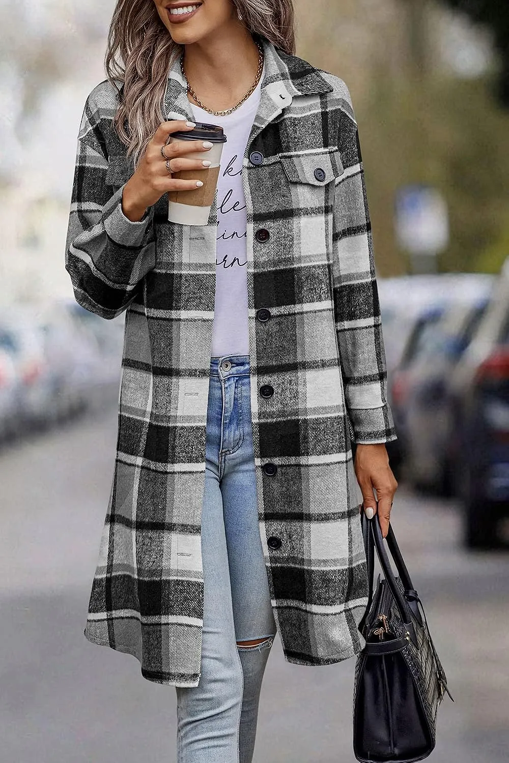 Women's Plaid Shacket 2023 Long Sleeve Button Up Flannel Shirt Winter Tartan Jacket Woolen Coats