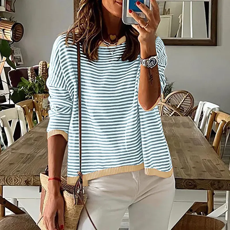 Casual Contrast Striped Off Shoulder Long Sleeved Sweater
