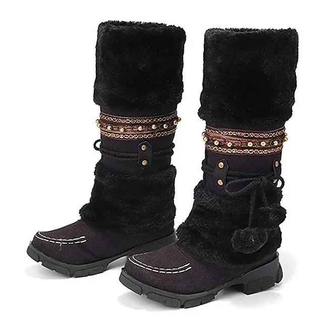 Women's Boots Snow Boots Plus Size Outdoor Daily Fleece Lined Knee High Boots Winter Bowknot Pom-pom Chunky Heel Round Toe Casual Industrial Style PU Lace-up Black Purple Brown