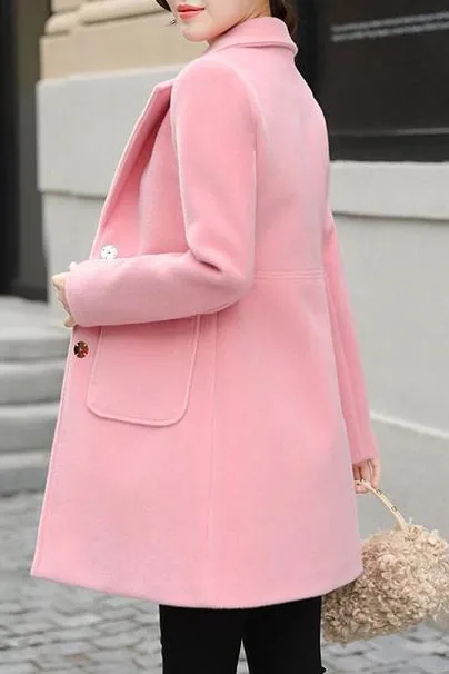 Solid Front Pockets Mid Length Lapel Coat