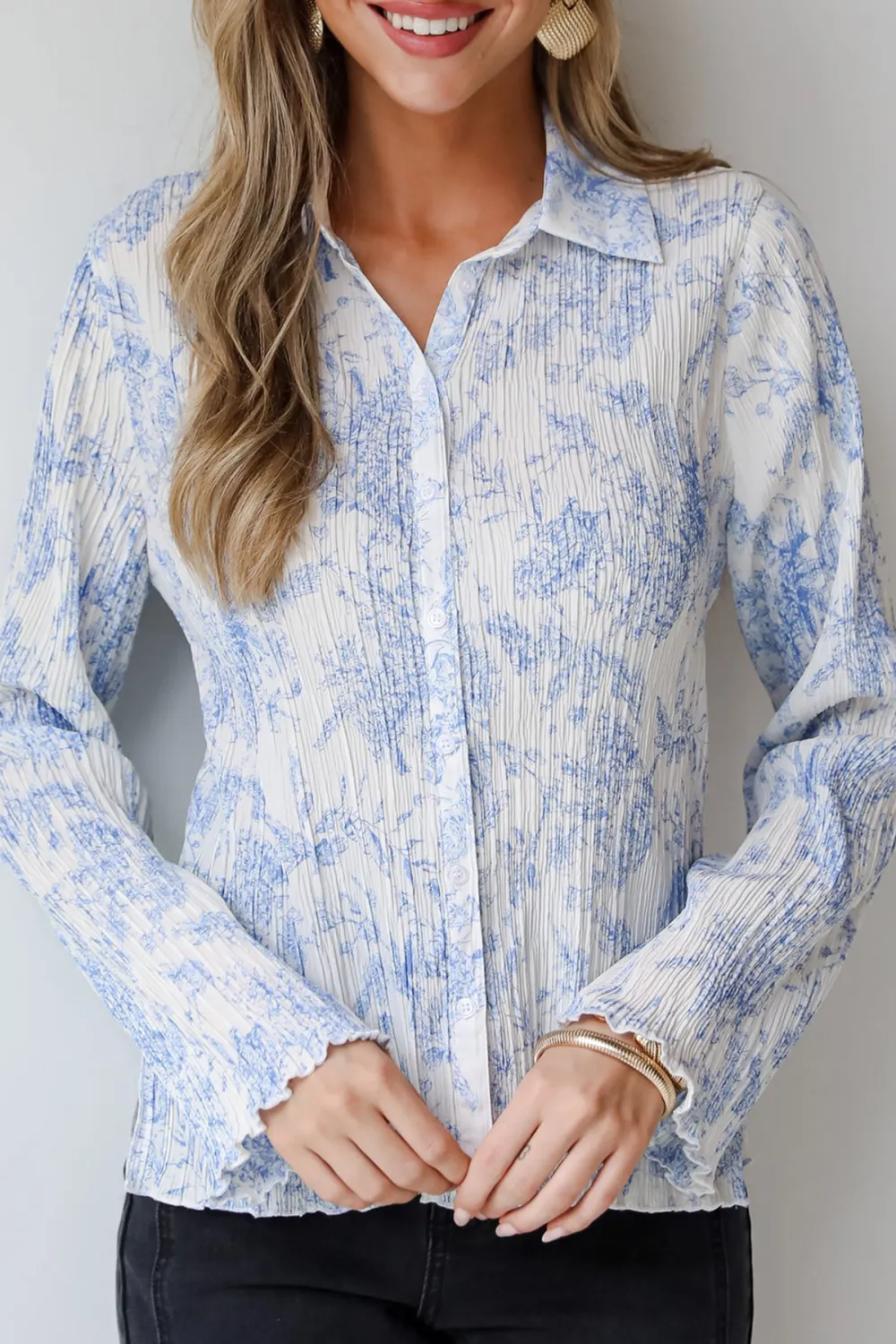 Modern Devotion Blue Floral Plisse Button-Up Blouse