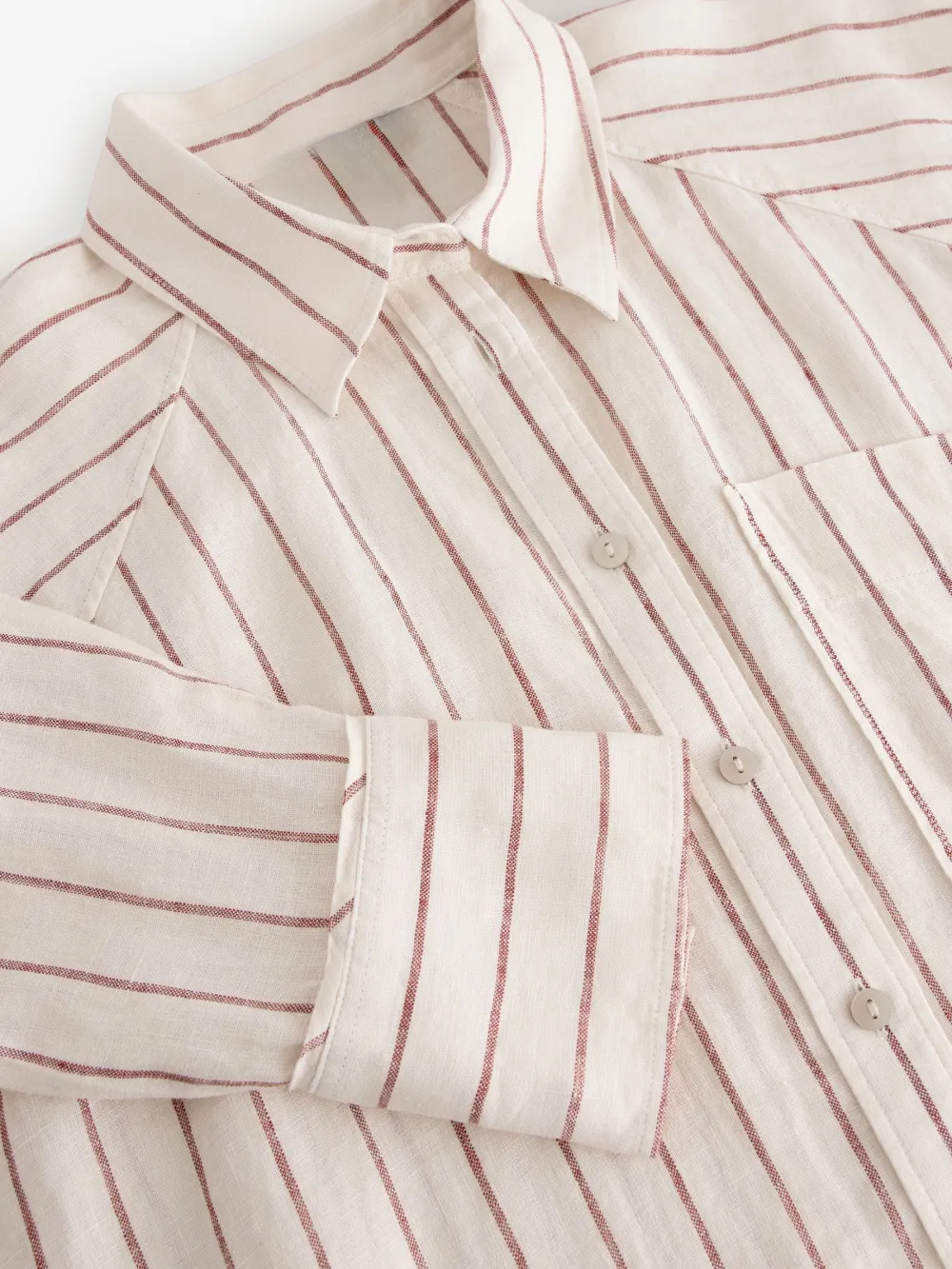 Ecru Palm Print Linen Flat Collar Loose Long Sleeve Shirt