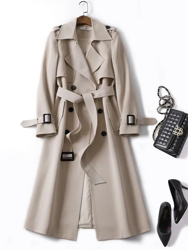 Women's Trench Coat Long Lace up Patchwork Coat Black Blue Camel Beige Fashion Daily Fall Single Breasted Rolled collar Regular Fit S M L XL XXL 3XL