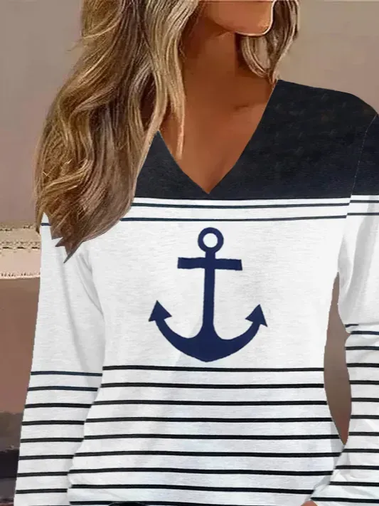 Women Striped V Neck Casual Long Sleeve T-shirt