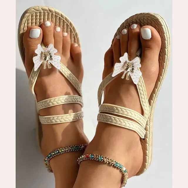 Women's Sandals Flip-Flops Flip-Flops House Slippers Beach Slippers Daily Beach Summer Flat Heel Casual Comfort Bohemia EVA Solid Color White / Gold Black / Beige Black