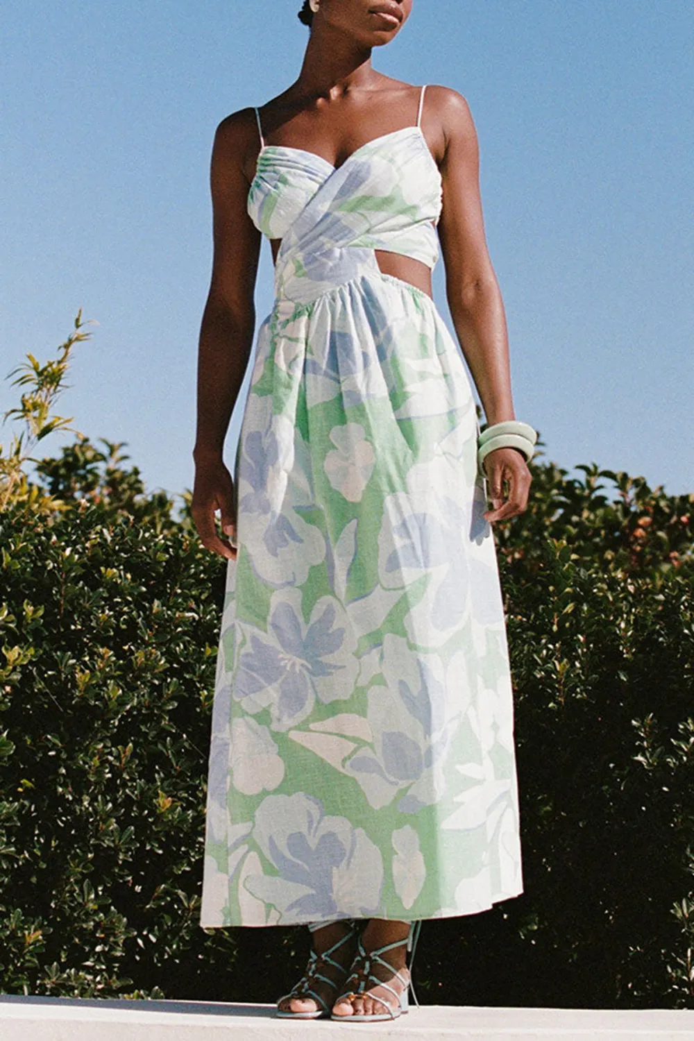 Floral Print Spaghetti Strap Cut Out Midi Dress