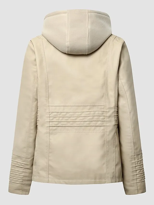 Women's Faux Leather Fall Hoodie Moto Biker Hoodie Jacket Windproof Warm Pocket Sports Solid Color Maillard Outerwear Long Sleeve Winter Fall Black Camel Red Street Casual Daily  M L XL