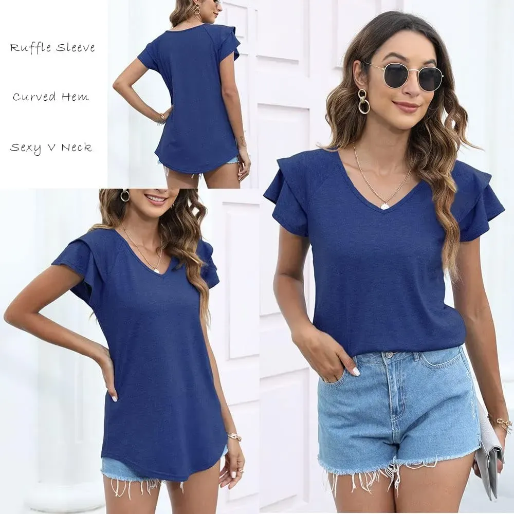 T&Twenties Womens Summer Tops Ruffle Short Sleeve Tunic Tops V Neck Loose Fit Flowy T-Shirts