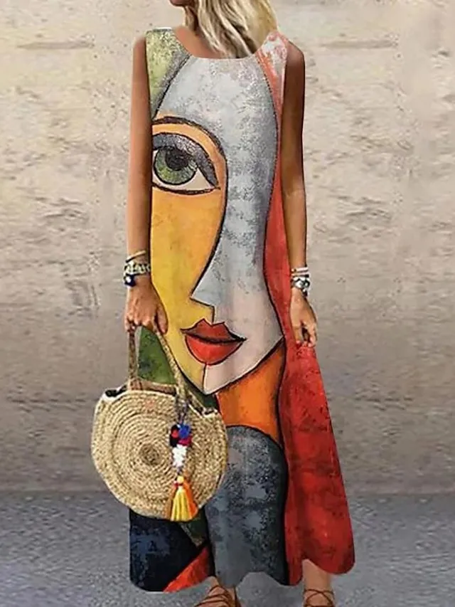 Women's Casual Dress Shift Dress Long Dress Maxi Dress Blue Purple Yellow Sleeveless Color Block Print Spring Summer Crew Neck Modern Daily Vacation Summer Dress Regular Fit 2023 S M L XL XXL 3XL