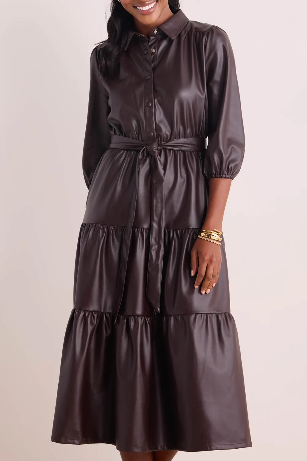 Dark Brown Faux Leather Tiered Midi Dress