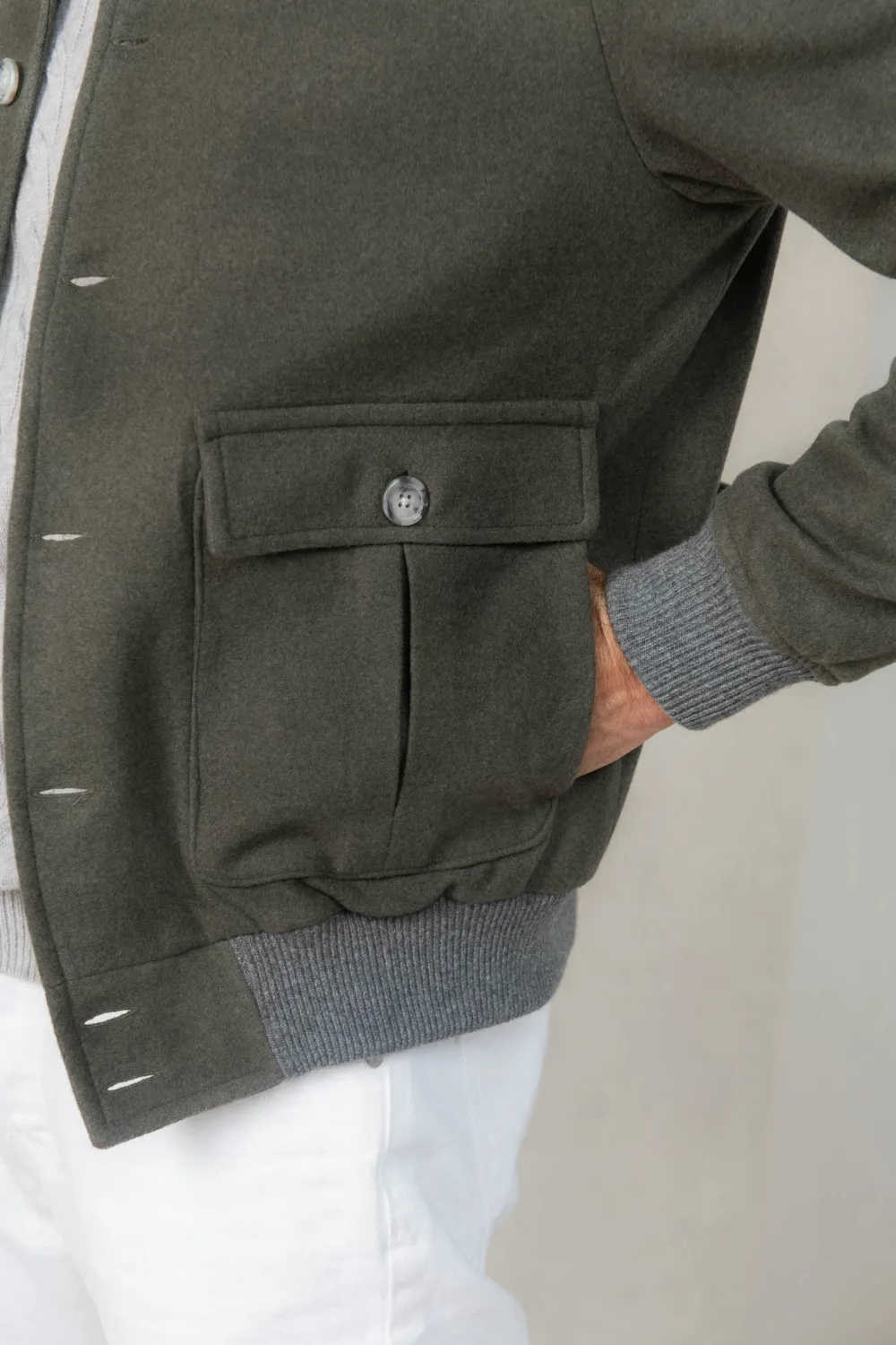 Green Super 180'S Wool Flannel Bomber Jacket