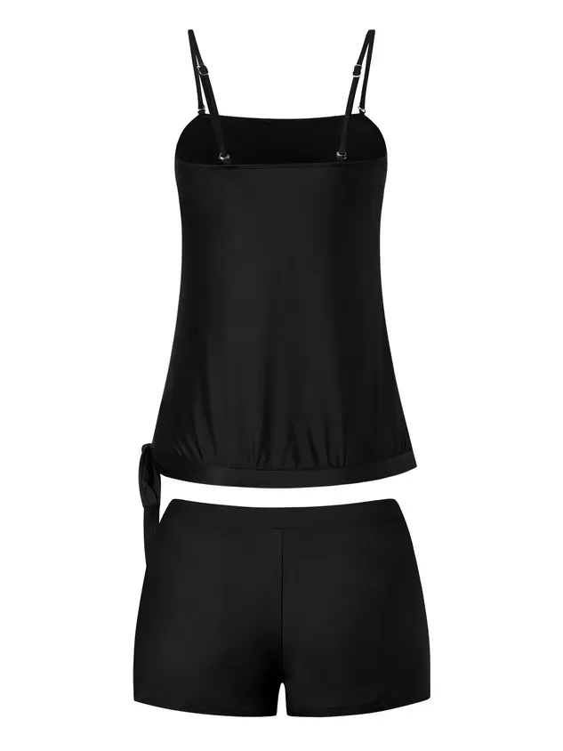 Simple Plain Knot Front Scoop Neck Tankinis Two-Piece Set