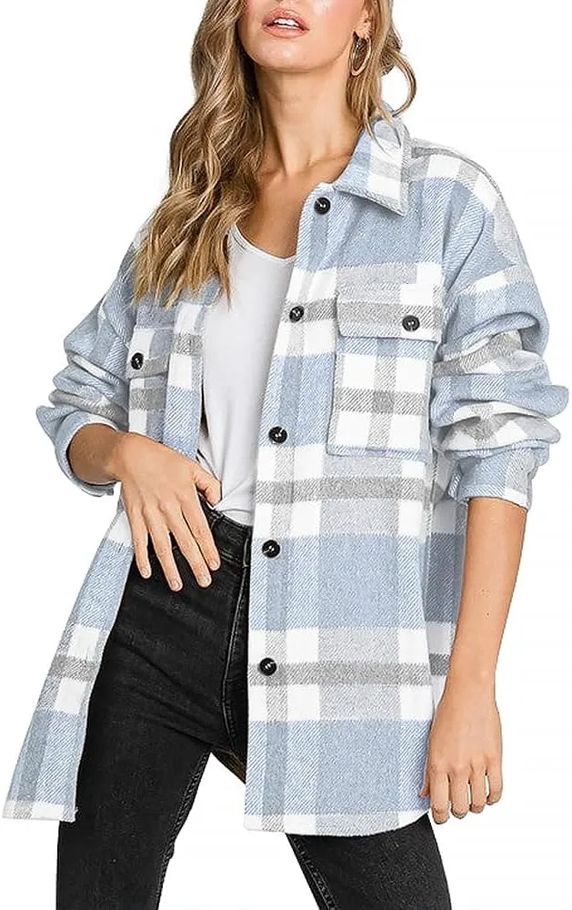 Women's Flannel Plaid Shacket Long Sleeve Button Down Chest Pocketed Shirts Jacket Coats