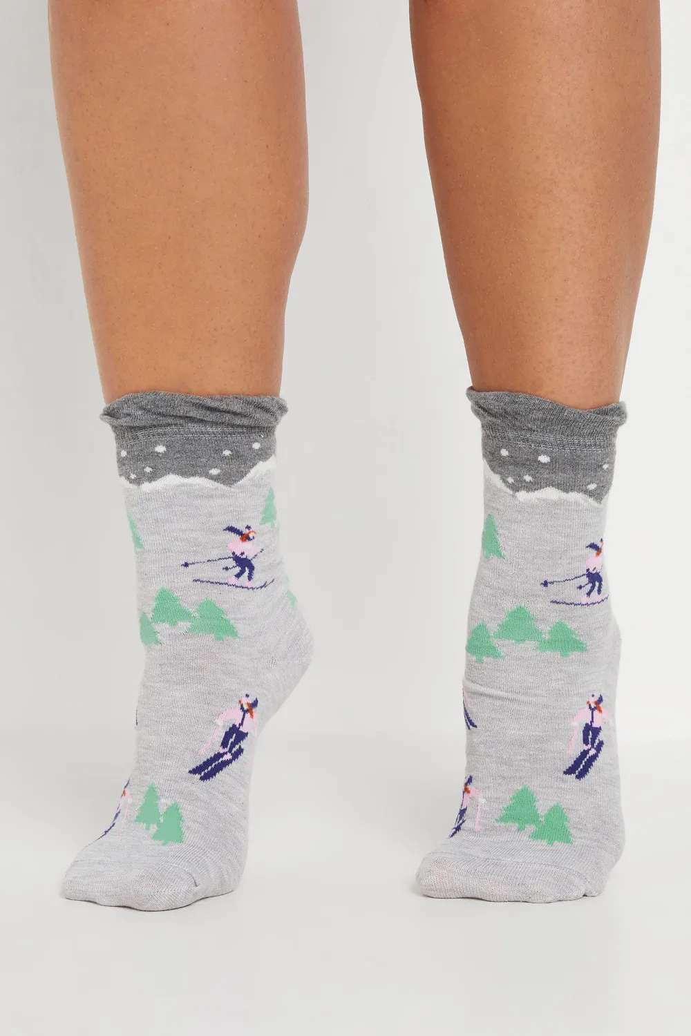 4 PACK Grey & Black Skier Print Ankle Socks