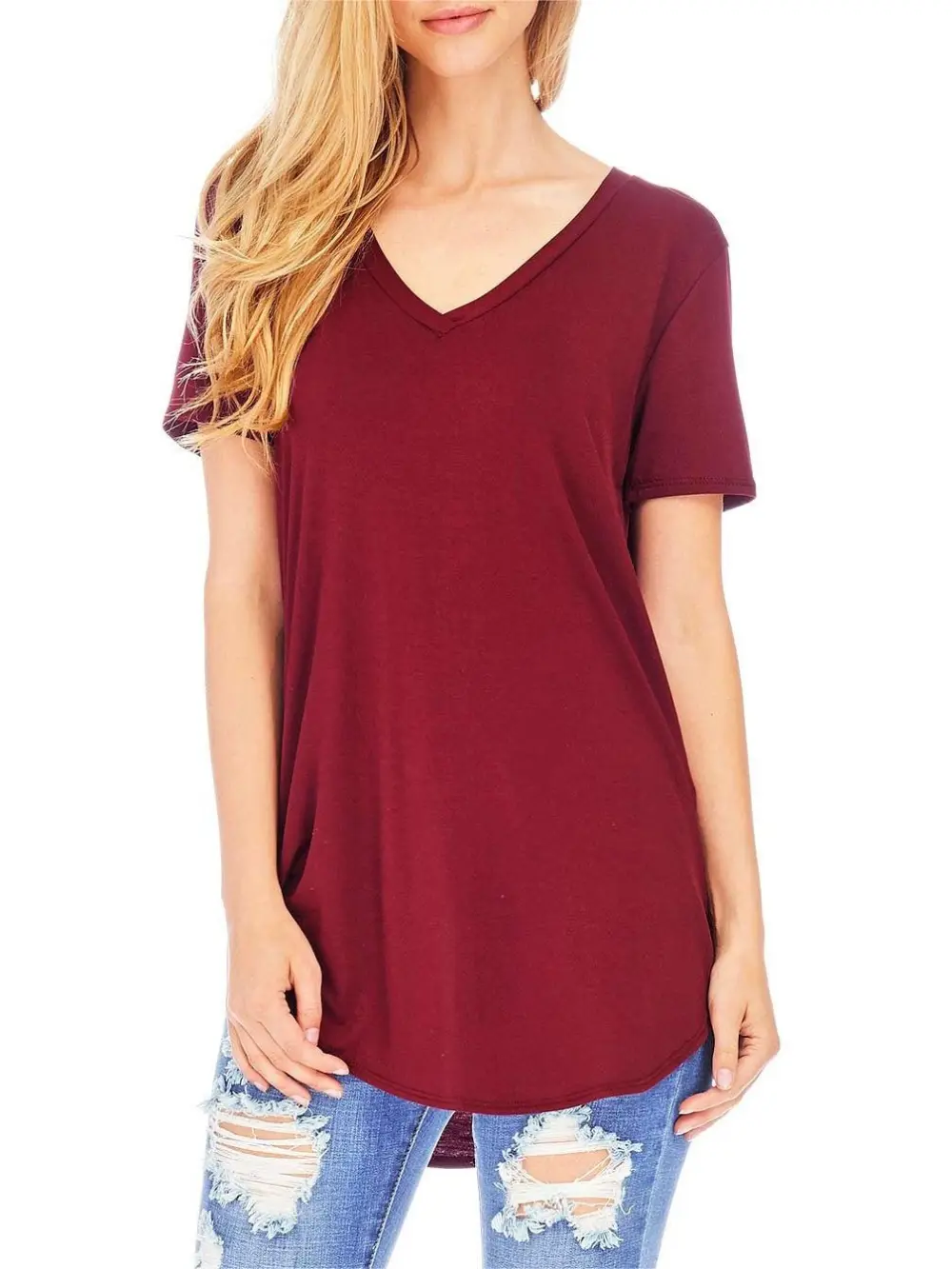 Burgundy Round - Hem V - Neck T - Shirt