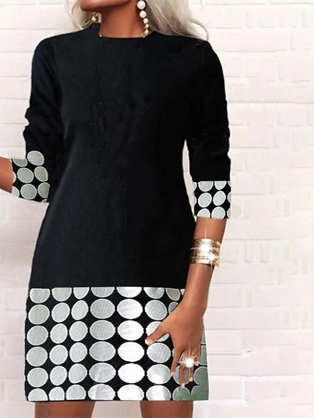 Women‘s Casual Dress Shift Dress Short Mini Dress White Black Gray Wine Long Sleeve Polka Dot Color Block Geometric Print Fall Winter Crew Neck Casual Modern 2023 S M L XL XXL 3XL